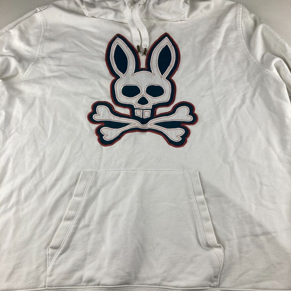 Psycho Bunny Hoodie Mens XXL Size 8 White Skull Bunny Applique Pullover